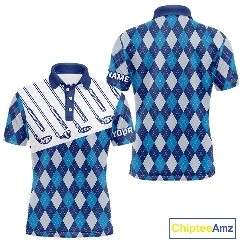 Blue Argyle Golf Polo Shirt For Men Plaid Pattern Custom Name, Golfer Gifts NBT488