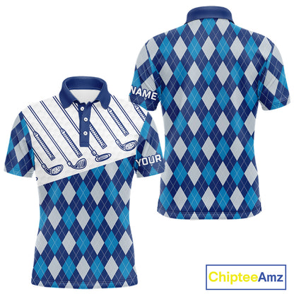 Blue Argyle Golf Polo Shirt For Men Plaid Pattern Custom Name, Golfer Gifts NBT488