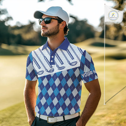 Blue Argyle Golf Polo Shirt For Men Plaid Pattern Custom Name, Golfer Gifts NBT488
