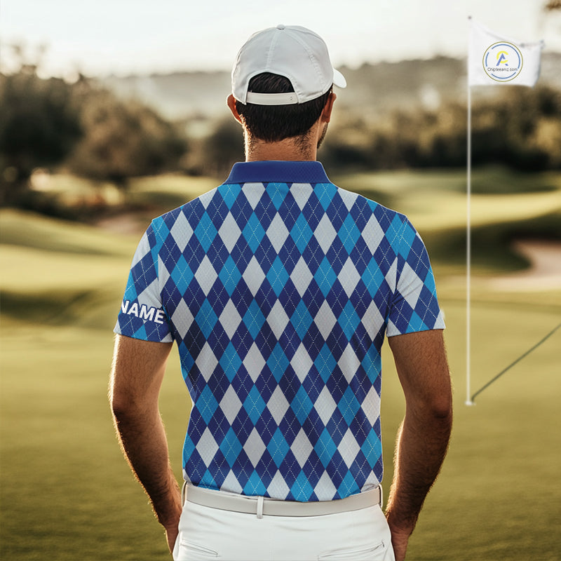 Blue Argyle Golf Polo Shirt For Men Plaid Pattern Custom Name, Golfer Gifts NBT488