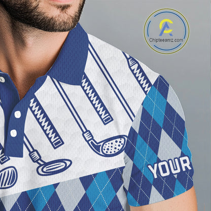 Blue Argyle Golf Polo Shirt For Men Plaid Pattern Custom Name, Golfer Gifts NBT488