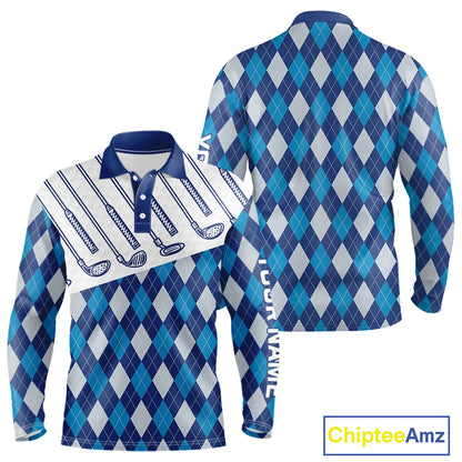 Blue Argyle Golf Polo Shirt For Men Plaid Pattern Custom Name, Golfer Gifts NBT488