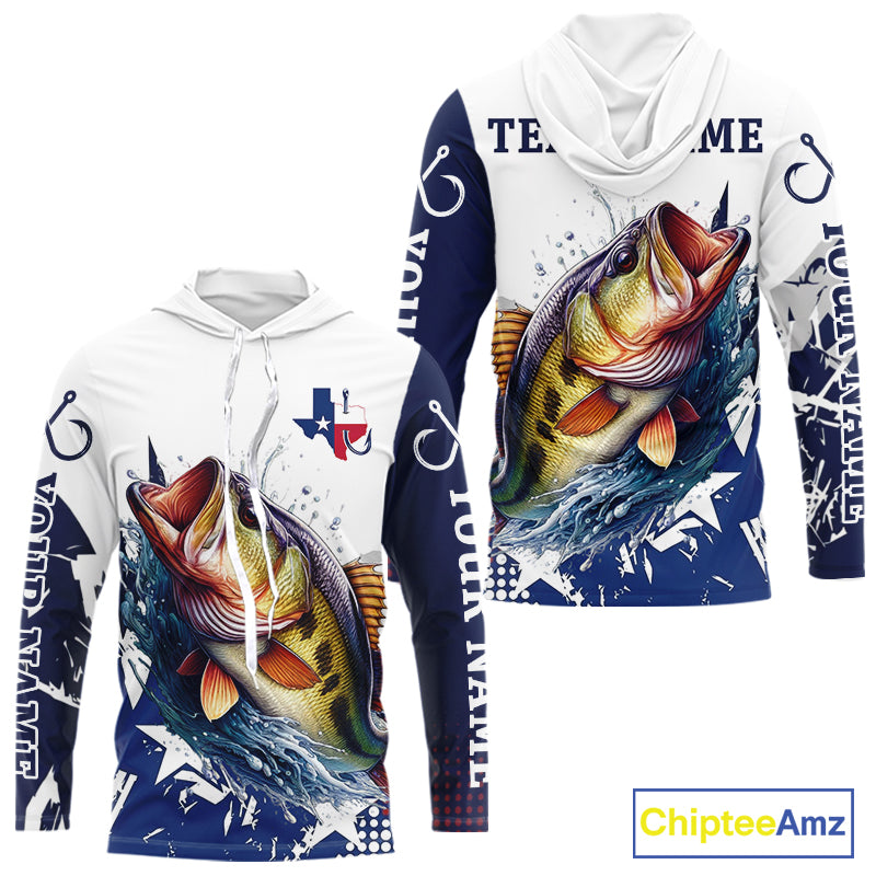 Bass Fishing 3D Texas Flag Western Shirts Customize Bass Fishing Hooded Jerseys, Sun Protection Shirts NBT738