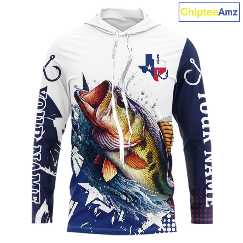 Bass Fishing 3D Texas Flag Western Shirts Customize Bass Fishing Hooded Jerseys, Sun Protection Shirts NBT738