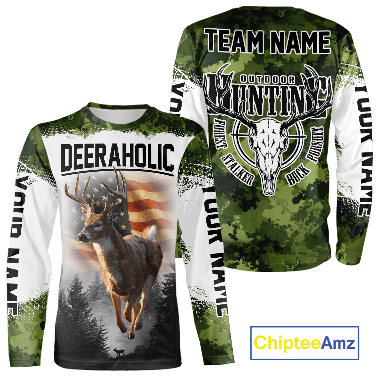 Green Camouflage Deer Hunting Shirts with American Flag – Custom Name, Gift for Hunters NBT37