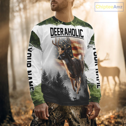 Green Camouflage Deer Hunting Shirts with American Flag – Custom Name, Gift for Hunters NBT37