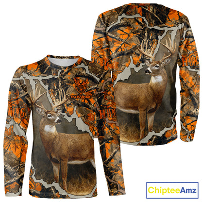 Whitetail Deer Hunting Custom Name Orange Camo Shirt, Deer Hunting Apparel, Camouflage Deer Shirts NBT339