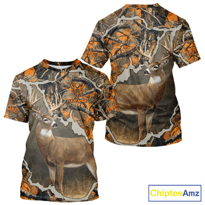 Whitetail Deer Hunting Custom Name Orange Camo Shirt, Deer Hunting Apparel, Camouflage Deer Shirts NBT339
