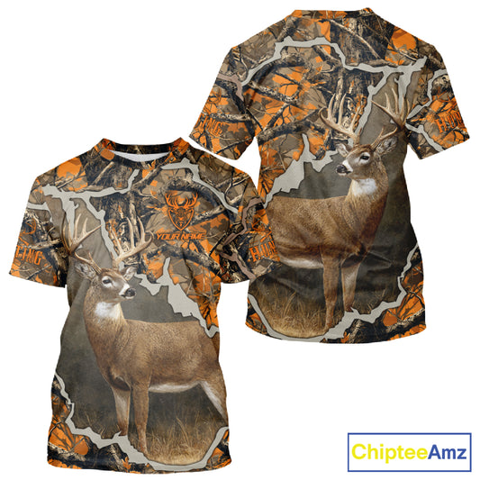 Whitetail Deer Hunting Custom Name Orange Camo Shirt, Deer Hunting Apparel, Camouflage Deer Shirts NBT339