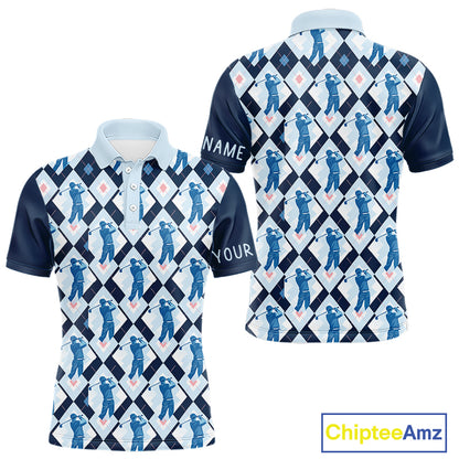 Blue Argyle Golf Polo Shirt For Men, Golf Friends Shirt, Blue Retro Golf Outfits NHT565