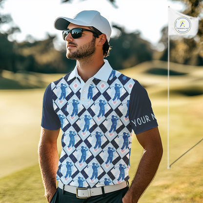 Blue Argyle Golf Polo Shirt For Men, Golf Friends Shirt, Blue Retro Golf Outfits NHT565