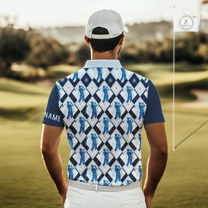Blue Argyle Golf Polo Shirt For Men, Golf Friends Shirt, Blue Retro Golf Outfits NHT565