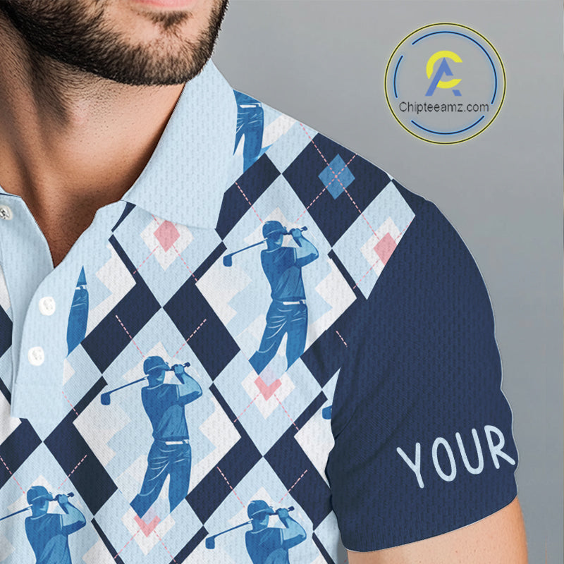 Blue Argyle Golf Polo Shirt For Men, Golf Friends Shirt, Blue Retro Golf Outfits NHT565