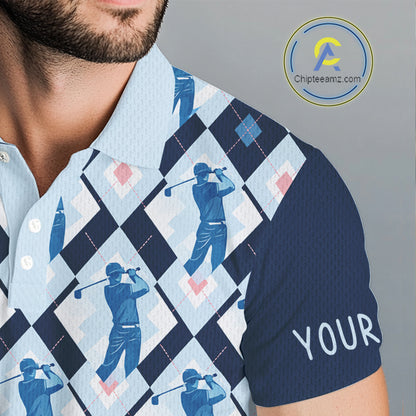 Blue Argyle Golf Polo Shirt For Men, Golf Friends Shirt, Blue Retro Golf Outfits NHT565