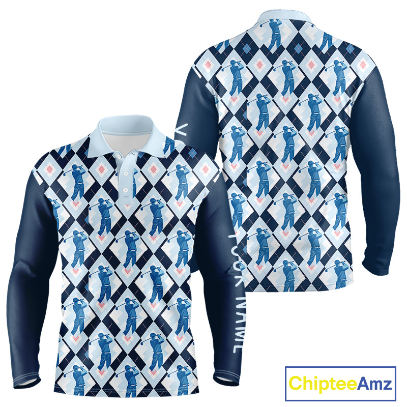 Blue Argyle Golf Polo Shirt For Men, Golf Friends Shirt, Blue Retro Golf Outfits NHT565