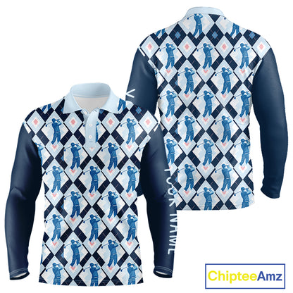 Blue Argyle Golf Polo Shirt For Men, Golf Friends Shirt, Blue Retro Golf Outfits NHT565