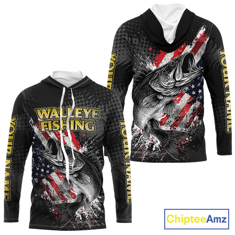 Walleye Custom Made Fishing Shirts, American Flag Walleye Long Sleeve Hooded Fishing Shirts NBT430