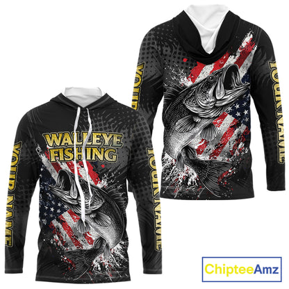 Walleye Custom Made Fishing Shirts, American Flag Walleye Long Sleeve Hooded Fishing Shirts NBT430