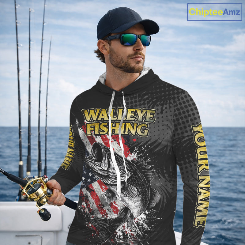 Walleye Custom Made Fishing Shirts, American Flag Walleye Long Sleeve Hooded Fishing Shirts NBT430