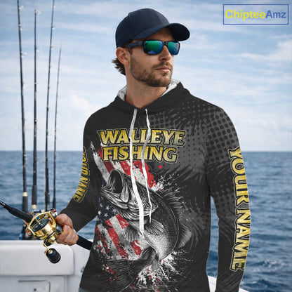 Walleye Custom Made Fishing Shirts, American Flag Walleye Long Sleeve Hooded Fishing Shirts NBT430