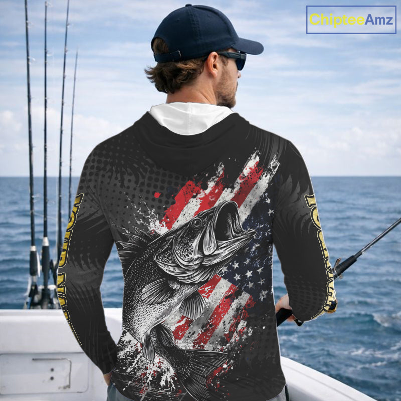Walleye Custom Made Fishing Shirts, American Flag Walleye Long Sleeve Hooded Fishing Shirts NBT430