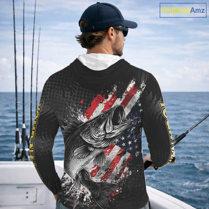 Walleye Custom Made Fishing Shirts, American Flag Walleye Long Sleeve Hooded Fishing Shirts NBT430
