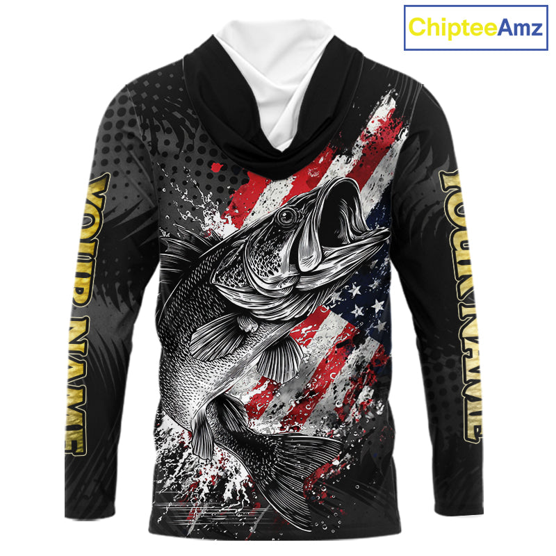 Walleye Custom Made Fishing Shirts, American Flag Walleye Long Sleeve Hooded Fishing Shirts NBT430