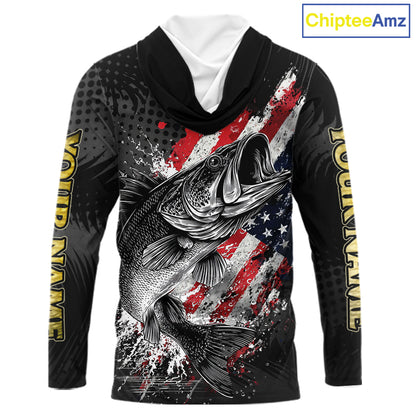Walleye Custom Made Fishing Shirts, American Flag Walleye Long Sleeve Hooded Fishing Shirts NBT430