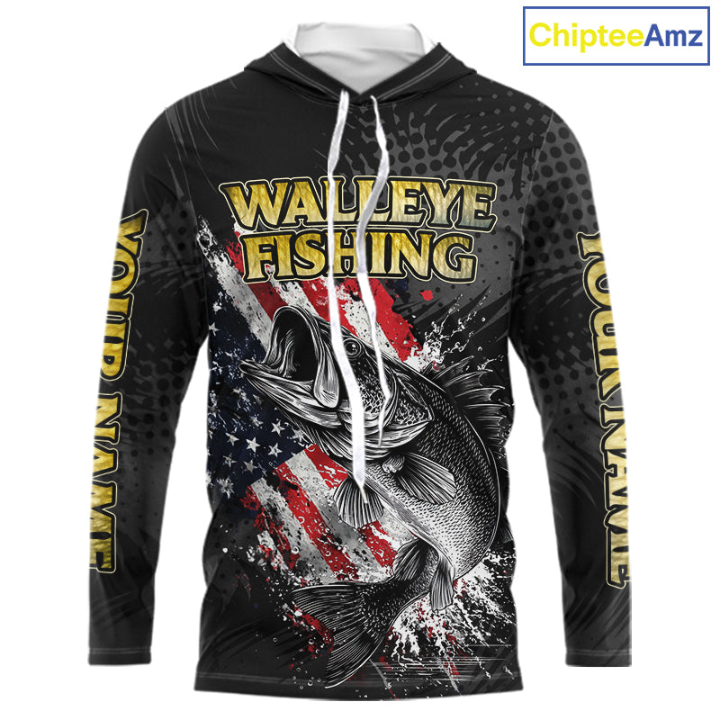 Walleye Custom Made Fishing Shirts, American Flag Walleye Long Sleeve Hooded Fishing Shirts NBT430
