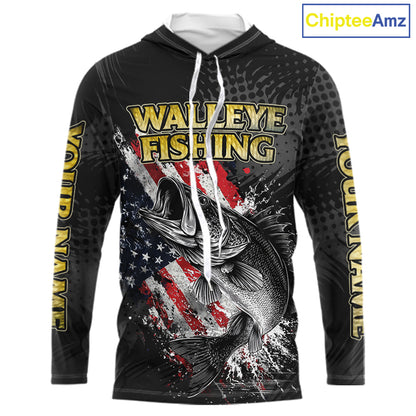 Walleye Custom Made Fishing Shirts, American Flag Walleye Long Sleeve Hooded Fishing Shirts NBT430