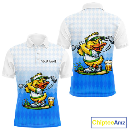 Funny Duck Golf Polo Shirt For Men, Cute Duck With Beer Print Shirt, Sporty Animal Golf Gift|Blue NBT622
