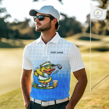 Funny Duck Golf Polo Shirt For Men, Cute Duck With Beer Print Shirt, Sporty Animal Golf Gift|Blue NBT622