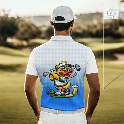 Funny Duck Golf Polo Shirt For Men, Cute Duck With Beer Print Shirt, Sporty Animal Golf Gift|Blue NBT622