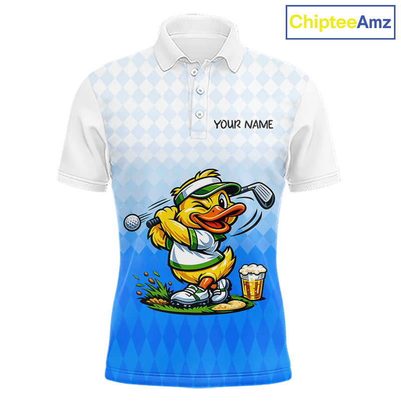 Funny Duck Golf Polo Shirt For Men, Cute Duck With Beer Print Shirt, Sporty Animal Golf Gift|Blue NBT622
