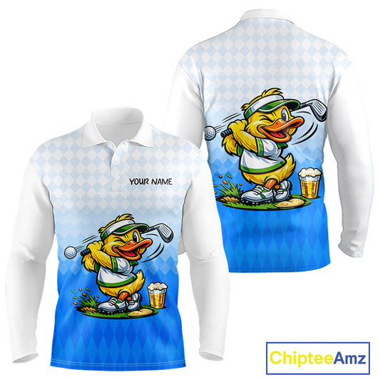 Funny Duck Golf Polo Shirt For Men, Cute Duck With Beer Print Shirt, Sporty Animal Golf Gift|Blue NBT622