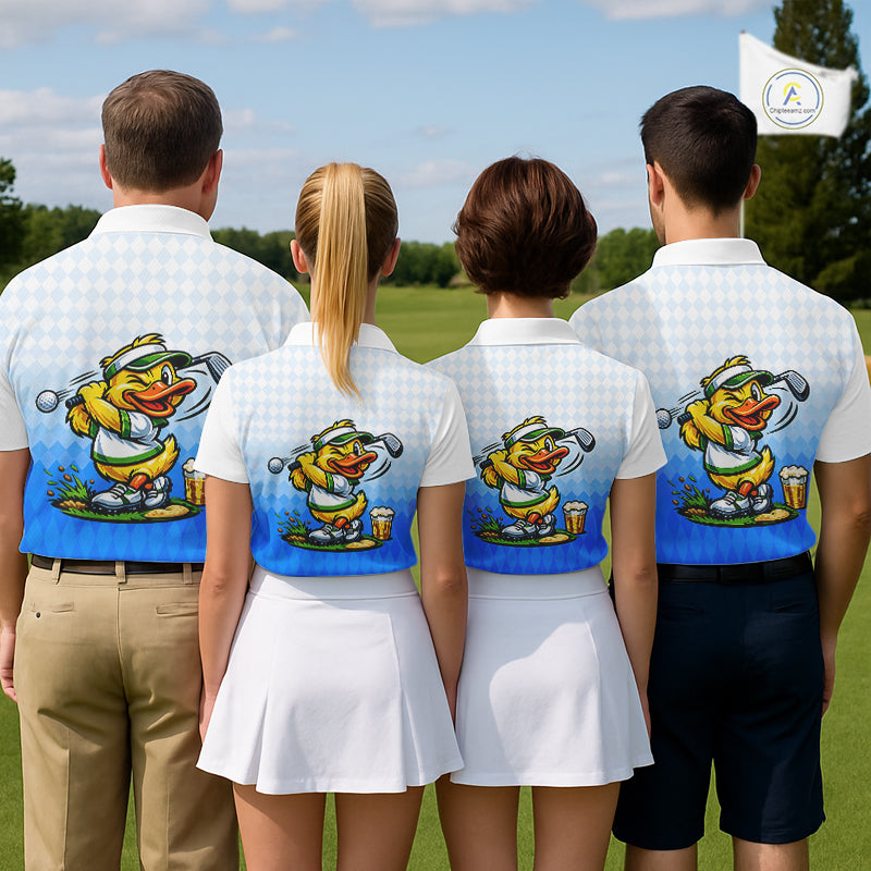 Funny Duck Golf Polo Shirt For Men, Cute Duck With Beer Print Shirt, Sporty Animal Golf Gift|Blue NBT622