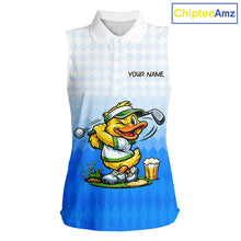 Load image into Gallery viewer, Funny Duck Sleeveless Golf Polo Shirt For Womens, Cute Duck With Beer Print Shirt, Sporty Animal Golf Gift|Blue NBT622