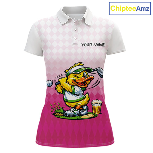Funny Duck Golf Polo Shirt For Womens, Cute Duck With Beer Print Shirt, Sporty Animal Golf Gift|Pink NBT624
