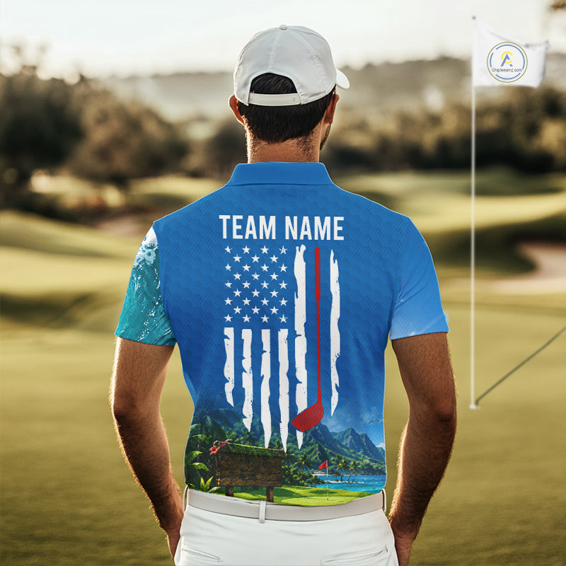Funny Rooster American Flag Mens Golf Polo Shirts, Funny Team Golf Shirts, Golf Gifts NBT751