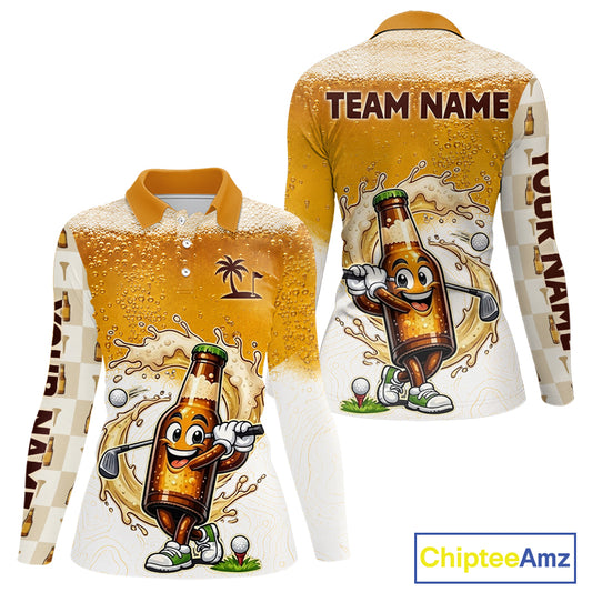 front view of womens long sleeve custom beer golf polo shirt with funny beer bottle golfer print