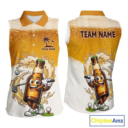 back view of beer bottle golfer design on womens beer sleeveless golf polo shirt