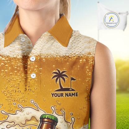 close up of funny beer bottle golfer pattern on custom sleeveless beer golf polo