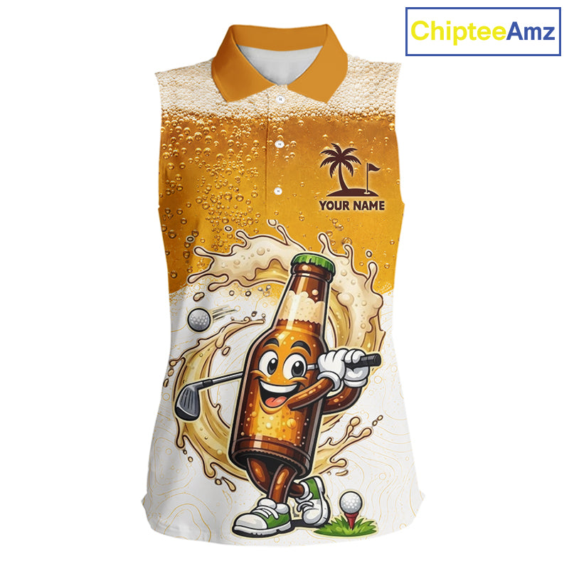 front view of womens sleeveless custom beer golf polo shirt with funny beer bottle golfer print