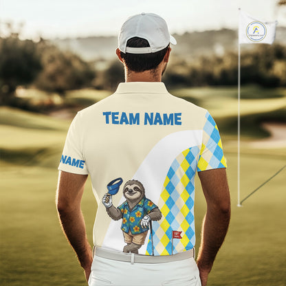 Sloth Hawaiian and argyle pattern detail on mens golf polo shirt