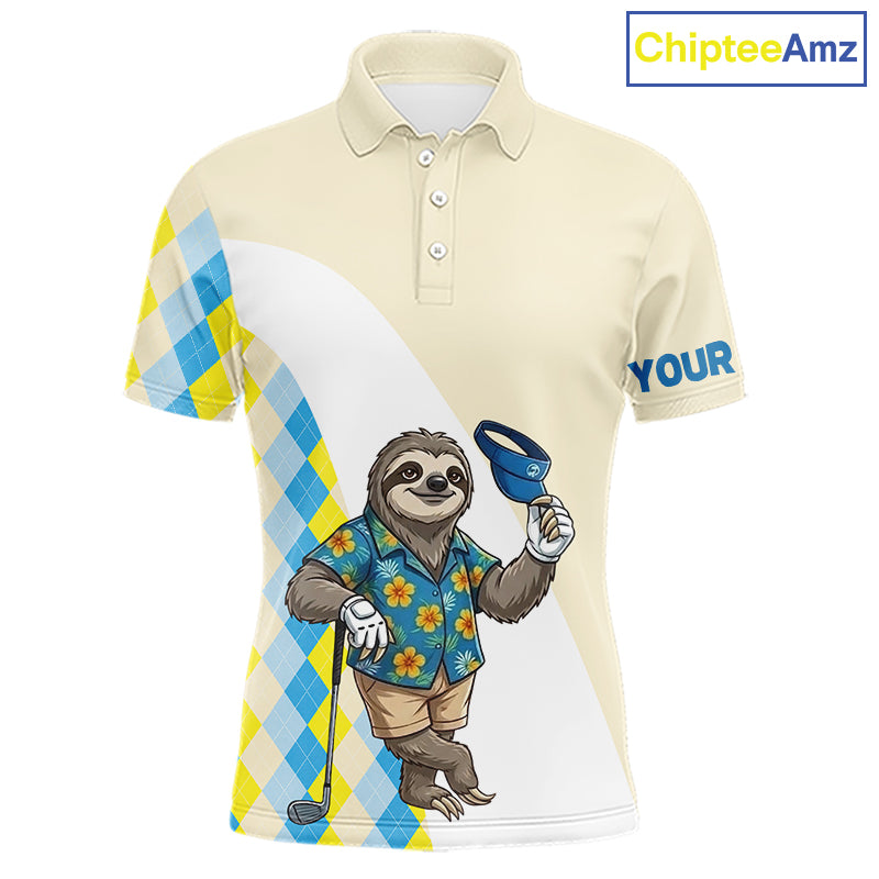Funny sloth Hawaiian mens short sleeve golf polo shirt with argyle pattern - front view