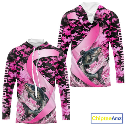 Front and back view of pink ribbon camouflage catfish fishing breast cancer custom sun protection long sleeve hooded fishing shirt