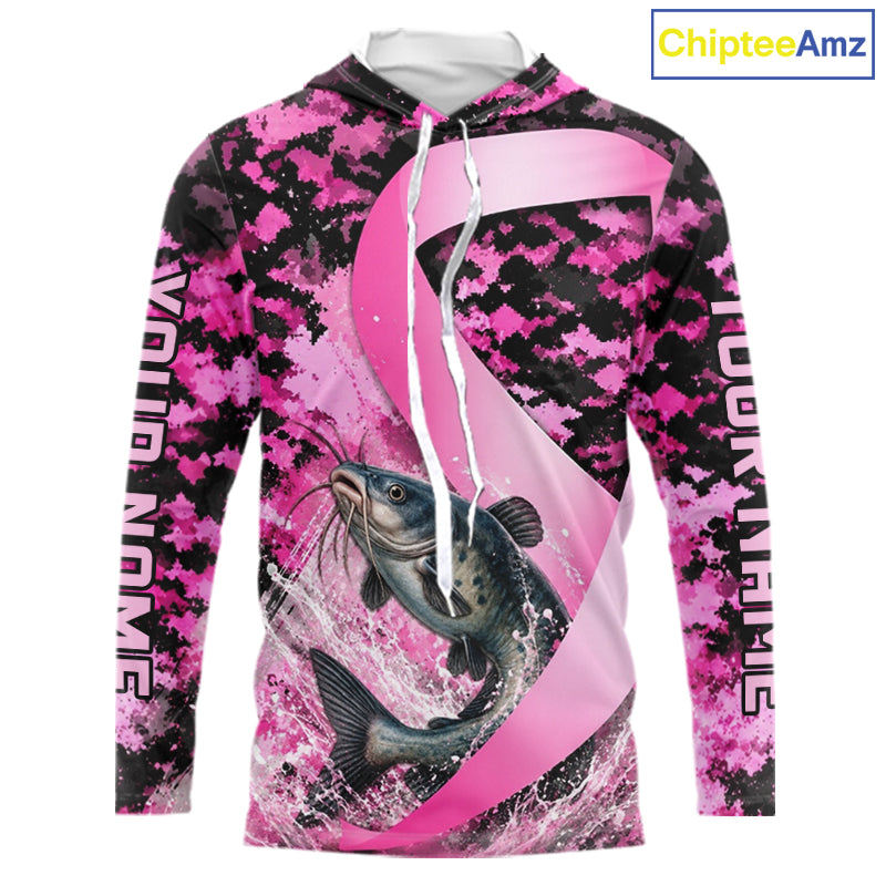 Front view of pink ribbon camouflage catfish fishing breast cancer custom sun protection long sleeve hooded fishing shirt