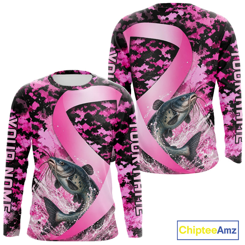 Front and back view of pink ribbon camouflage catfish fishing breast cancer custom sun protection long sleeve fishing shirt