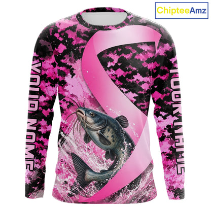 Front view of pink ribbon camouflage catfish fishing breast cancer custom sun protection long sleeve fishing shirt