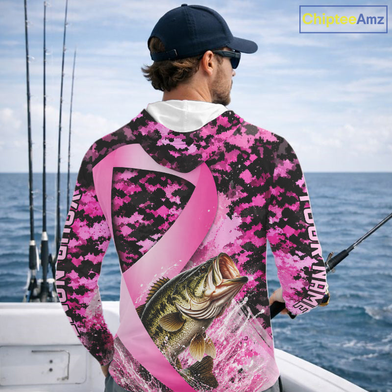Angler wearing pink ribbon camouflage bass fishing breast cancer long sleeve sun protection shirt on the water - back view